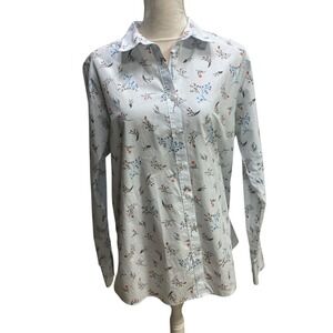 Lands' End No Iron Supima Cotton‎ Shirt Size 16T Floral white blue dots LS Woman